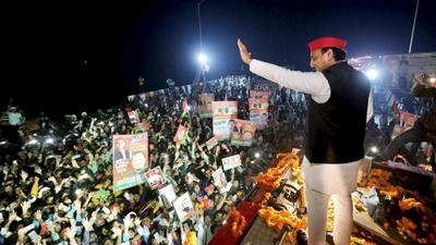 Samajwadi Party chief Akhilesh Yadav waves to supporters during the Vijay Yatra in Ambedkarnagar district of Uttar Pradesh. (PTI PHOTO) Samajwadi Party chief Akhilesh Yadav waves to supporters during the Vijay Yatra in Ambedkarnagar district of Uttar Pradesh. (PTI PHOTO)