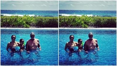 Gul posed with her son and father in the pool, after a long day in the sea. (Instagram/@gulpanag) Gul posed with her son and father in the pool, after a long day in the sea. (Instagram/@gulpanag)