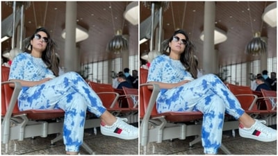 Hina paired it with a pair of white and blue tie and dye joggers. (Instagram/@realhinakhan) Hina paired it with a pair of white and blue tie and dye joggers. (Instagram/@realhinakhan)
