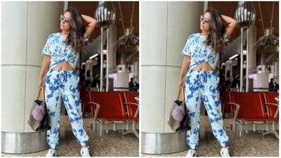 In open tresses, Hina gave a twist to casual airport fashion and made fashion traffic come to a standstill. (Instagram/@realhinakhan) In open tresses, Hina gave a twist to casual airport fashion and made fashion traffic come to a standstill. (Instagram/@realhinakhan)