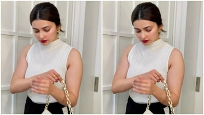 She paired it with a black pair of joggers, with a tie-up knot detail in the front. (Instagram/@prachidesai) She paired it with a black pair of joggers, with a tie-up knot detail in the front. (Instagram/@prachidesai)