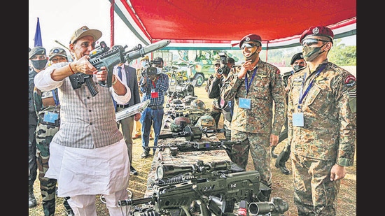 Defence minister Rajnath Singh during the inauguration of the three-day defence event in Jhansi, Wednesday. (PTI)