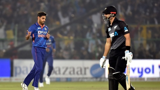 Jaipur, Nov 17 (ANI): India's Bhuvneshwar Kumar celebrates the dismissal of New Zealand's Daryl Mitchell during the first T20 International Match between India and New Zealand, at Sawai Mansingh Stadium in Jaipur on Wednesday. (ANI Photo)(ANI)
