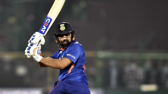Jaipur: India's Rohit Sharma plays a shot during the first Twenty20 cricket match between India and New Zealand at Sawai Mansingh Stadium, in Jaipur, Wednesday, Nov 17, 2021. (PTI Photo/Atul Yadav)(PTI11_17_2021_000225A)(PTI)