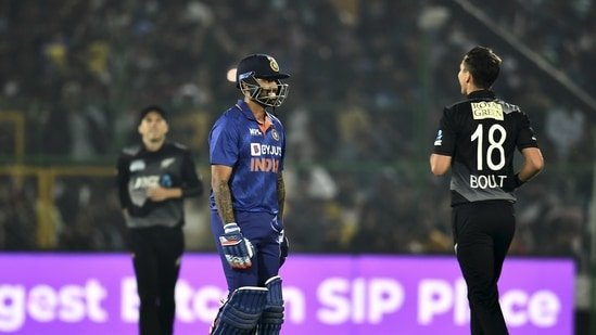 Jaipur: New Zealand's Trent Boult celebrates the wicket of Suryakumar Yadav during the first Twenty20 cricket match between India and New Zealand at Sawai Mansingh Stadium, in Jaipur, Wednesday, Nov 17, 2021. (PTI Photo/Atul Yadav)(PTI11_17_2021_000260B)(PTI)