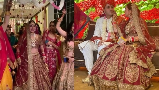 Shraddha Arya's varmala ceremony was a lot of fun. She asked the groom to lift her up to take her to the stage. She was later seen pulling his cheek.&nbsp;