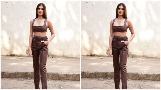 Tara paired a sleeveless cropped rust leather top with a pair of rust leather trousers.(HT Photos/Varinder Chawla)