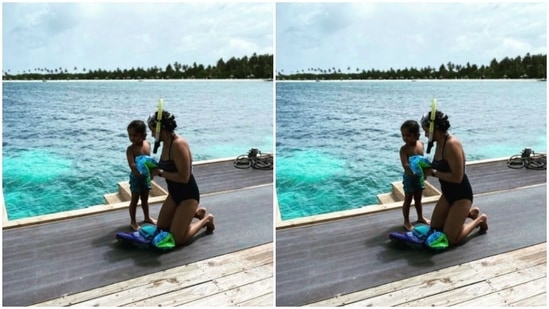 Here’s a picture of Gul Panag and her son Nihal getting ready for the sea.(Instagram/@gulpanag)