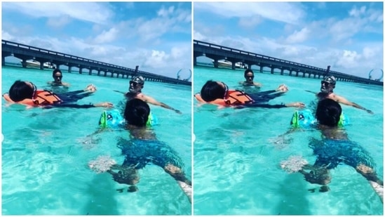 The family can be seen chilling in the sprawling blue waters of Maldives.(Instagram/@gulpanag)