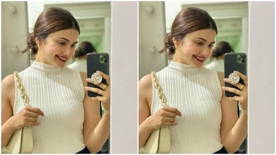 Prachi aptly accessorised her look for the day in statement gold earrings.(Instagram/@prachidesai)