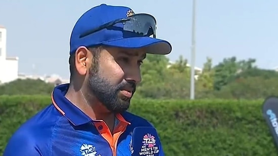 Rohit Sharma at toss in the India vs Australia warm-up match ahead of T20 World Cup 2021