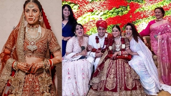 Shraddha Arya was joined by her Kundali Bhagya co-stars Anjum Fakih (second from right) and Surpiya Shukla (first from right) on stage at the wedding.&nbsp;
