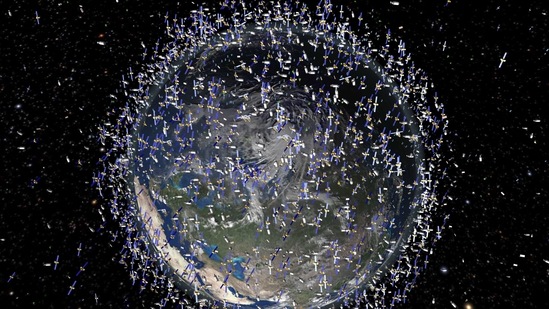 Artist's impression by the European Space Agency shows the debris field in low-Earth orbit which extends to 2000 km above the Earth's surface.(AFP / File)