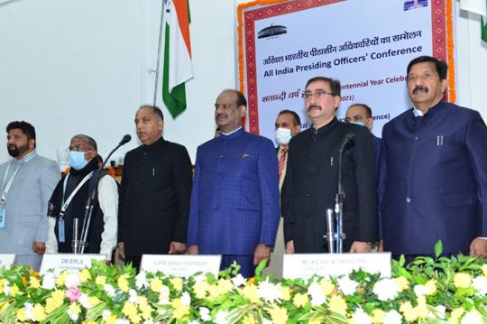 Lok Sabha Speaker Om Birla (centre) flanked by Himachal Pradesh chief minister Jai Ram Thakur and Speaker Vipin Parmar along with leader of opposition Mukesh Agnihotri at the inaugural session of the conference in Shimla on Wednesday. (Deepak Sansta/HT) Lok Sabha Speaker Om Birla (centre) flanked by Himachal Pradesh chief minister Jai Ram Thakur and Speaker Vipin Parmar along with leader of opposition Mukesh Agnihotri at the inaugural session of the conference in Shimla on Wednesday. (Deepak Sansta/HT)