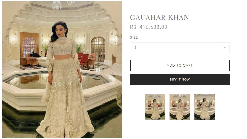 The lehenga, worn by Gauahar, is priced at a whopping ₹416,633 in the designer house’s official website. (https://www.soshai.in/) The lehenga, worn by Gauahar, is priced at a whopping ₹416,633 in the designer house’s official website. (https://www.soshai.in/)