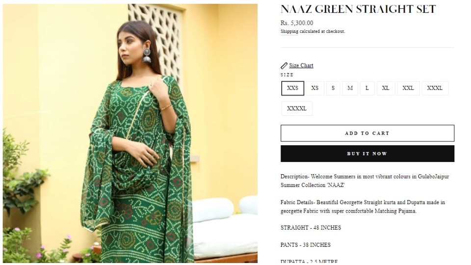 The kurta set, adorned by Shamita in the picture, is priced at ₹5300 in the designer house’s official website. (https://www.gulabojaipur.com/) The kurta set, adorned by Shamita in the picture, is priced at ₹5300 in the designer house’s official website. (https://www.gulabojaipur.com/)