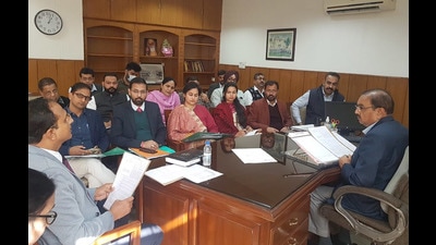 A meeting underway between Chander Gaind, division commissioner, Patiala; Ludhiana deputy commissioner Varinder Kumar Sharma and electoral registration officers on Thursday regarding the 2022 Punjab elections. A meeting underway between Chander Gaind, division commissioner, Patiala; Ludhiana deputy commissioner Varinder Kumar Sharma and electoral registration officers on Thursday regarding the 2022 Punjab elections.
