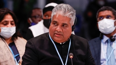 Environment Minister Bhupender Yadav attends the UN Climate Change Conference (COP26) in Glasgow, Scotland. (Reuters photo) Environment Minister Bhupender Yadav attends the UN Climate Change Conference (COP26) in Glasgow, Scotland. (Reuters photo)