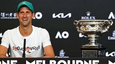 Novak Djokovic during a press conference after defeating Daniil Medvedev in the men's singles final at the Australian Open tennis championship in Melbourne. (AP) Novak Djokovic during a press conference after defeating Daniil Medvedev in the men's singles final at the Australian Open tennis championship in Melbourne. (AP)
