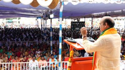 Karnataka chief minister Basavaraj S Bommai addresses the crowd as Jan Swaraj Yatra begins under four teams in the wake of the assembly elections by the state BJP in Koppal on Thursday. (ANI) Karnataka chief minister Basavaraj S Bommai addresses the crowd as Jan Swaraj Yatra begins under four teams in the wake of the assembly elections by the state BJP in Koppal on Thursday. (ANI)