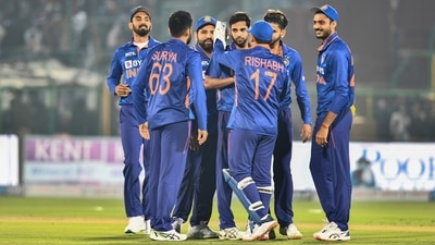Jaipur: Indian cricket team celebrates the wicket of New Zealand's Daryl Joseph Mitchell during their first Twenty20 match at Sawai Mansingh Stadium, in Jaipur, Wednesday, Nov 17, 2021. (PTI) Jaipur: Indian cricket team celebrates the wicket of New Zealand's Daryl Joseph Mitchell during their first Twenty20 match at Sawai Mansingh Stadium, in Jaipur, Wednesday, Nov 17, 2021. (PTI)
