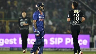 New Zealand's Trent Boult celebrates the wicket of Suryakumar Yadav during the first Twenty20 cricket match between India and New Zealand at Sawai Mansingh Stadium. (PTI) New Zealand's Trent Boult celebrates the wicket of Suryakumar Yadav during the first Twenty20 cricket match between India and New Zealand at Sawai Mansingh Stadium. (PTI)