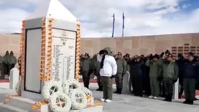 Defence minister Rajnath Singh paid homage at the revamped memorial in Rezang La on Thursday. Defence minister Rajnath Singh paid homage at the revamped memorial in Rezang La on Thursday.