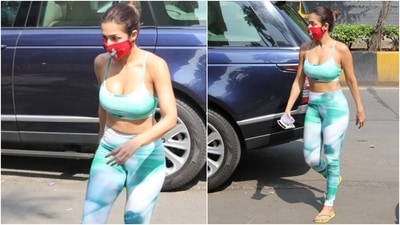 On November 18, for an afternoon yoga routine, Malaika picked a sports bra and gym tights featuring a fun print. She was clicked by the paparazzi wearing the ensemble outside the yoga studio in Mumbai. (HT Photo/Varinder Chawla) On November 18, for an afternoon yoga routine, Malaika picked a sports bra and gym tights featuring a fun print. She was clicked by the paparazzi wearing the ensemble outside the yoga studio in Mumbai. (HT Photo/Varinder Chawla)