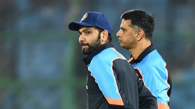 File Photo of Rohit Sharma and Rahul Dravid. (PTI) File Photo of Rohit Sharma and Rahul Dravid. (PTI)