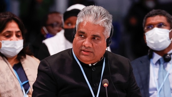 Environment Minister Bhupender Yadav attends the UN Climate Change Conference (COP26) in Glasgow, Scotland.&nbsp;(Reuters photo)