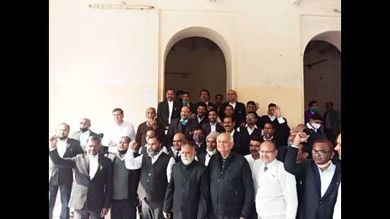 Lawyers protesting in support of their demand for high court bench in Agra . (HT)