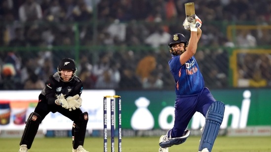 India's Rohit Sharma plays a shot during the first T20 International Match between India and New Zealand, at Sawai Mansingh Stadium in Jaipur on Wednesday.&nbsp;(ANI)