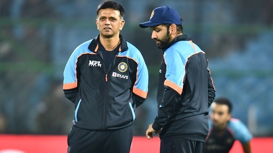 Indian cricket team head coach Rahul Dravid (L) and player Rohit Sharma during a practice session&nbsp;(PTI)