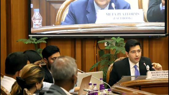 Raghav Chadha, who heads the Delhi Assembly’s Peace and Harmony Committee, at the deposition. (Amit Sharma)