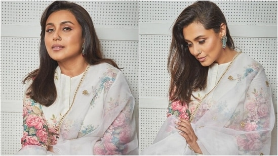 Rani Mukerji is a vision in white floral Sabyasachi suit for Bunty Aur Babli 2 promotions