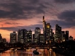 The skyline with its office buildings and the banking district are photographed during sunset as the spread of the coronavirus disease (Covid-19) continues and the German government plans new pandemic control measures in Frankfurt, Germany,(Reuters)
