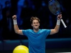Norways' Casper Ruud rcelebrates after defeating Russia's Andrey Rublev during their ATP World Tour Finals singles tennis match, at the Pala Alpitour in Turin, Friday, Nov. 19, 2021. Ruud advances to the semifinals.(AP)