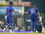 Indian batsman Rohit Sharma and K L Rahul greet each other during their 2nd Twenty20 cricket match against New Zealand at JSCA International Stadium Complex in Ranchi, Friday, Nov. 19, 2021. (PTI)