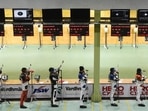 Young shooters in action at the Karni Singh shooting range in New Delhi