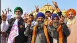 Farmers shout slogans to celebrate after Centre’s announcement to repeal three agricultural reform laws that sparked almost a year of huge protests across the country in Amritsar on November 19, 2021. (AFP) Farmers shout slogans to celebrate after Centre’s announcement to repeal three agricultural reform laws that sparked almost a year of huge protests across the country in Amritsar on November 19, 2021. (AFP)