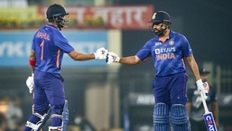 Indian batsman Rohit Sharma and K L Rahul greet each other during their 2nd Twenty20 cricket match against New Zealand at JSCA International Stadium Complex in Ranchi, Friday, Nov. 19, 2021.&nbsp;(PTI)