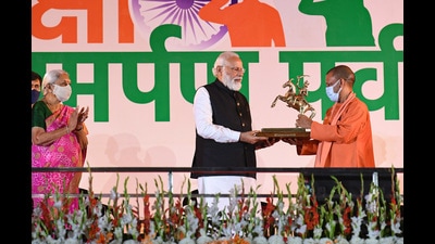 Prime Minister Narendra Modi at the ‘Rashtra Raksha Samparpan Parv’, in Jhansi, Uttar Pradesh, Friday. (PTI)