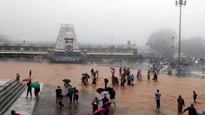 Ghat roads of Tirupati which leads to Lord Venkateshwara Temple closed and footpaths remains to be closed till 19th November following heavy rainfall, in Tirupati. (ANI) Ghat roads of Tirupati which leads to Lord Venkateshwara Temple closed and footpaths remains to be closed till 19th November following heavy rainfall, in Tirupati. (ANI)