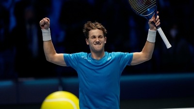 Norways' Casper Ruud rcelebrates after defeating Russia's Andrey Rublev during their ATP World Tour Finals singles tennis match, at the Pala Alpitour in Turin, Friday, Nov. 19, 2021. Ruud advances to the semifinals. (AP) Norways' Casper Ruud rcelebrates after defeating Russia's Andrey Rublev during their ATP World Tour Finals singles tennis match, at the Pala Alpitour in Turin, Friday, Nov. 19, 2021. Ruud advances to the semifinals. (AP)