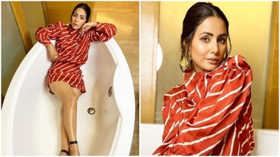 Hina Khan is in the mood for fashion. The actor drove our midweek blues away with a set of stunning pictures of herself from one of her recent fashion photoshoots. For this photoshoot, Hina ditched a couch for a bathtub. (Instagram/@realhinakhan) Hina Khan is in the mood for fashion. The actor drove our midweek blues away with a set of stunning pictures of herself from one of her recent fashion photoshoots. For this photoshoot, Hina ditched a couch for a bathtub. (Instagram/@realhinakhan)