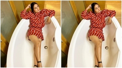 Hina Khan decked up in a red and white satin short dress. (Instagram/@realhinakhan) Hina Khan decked up in a red and white satin short dress. (Instagram/@realhinakhan)