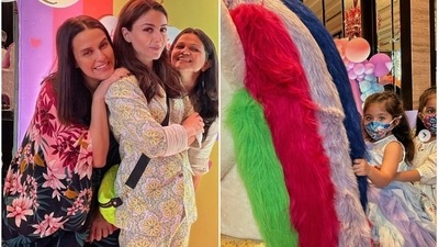 Neha Dhupia, Soha Ali Khan, Radhika Nihalani pose for camera as Mehr Dhupia Bhasin and Inaaya Naumi Kemmu enjoy a ride on a toy unicorn. (Instagram) Neha Dhupia, Soha Ali Khan, Radhika Nihalani pose for camera as Mehr Dhupia Bhasin and Inaaya Naumi Kemmu enjoy a ride on a toy unicorn. (Instagram)