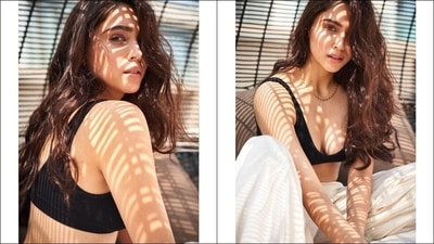 While Sharvari's black ribbed bralette top is credited to Cotton On Body, the white bottoms are from The Summer House. (Instagram/sharvari) While Sharvari's black ribbed bralette top is credited to Cotton On Body, the white bottoms are from The Summer House. (Instagram/sharvari)