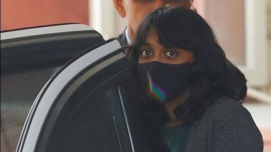 Disha Ravi, a 22-year-old climate activist, leaves after an investigation at National Cyber Forensic Lab, in New Delhi on February 23, 2021. Police accused her of sharing a Google “toolkit” with Swedish climate activist Greta Thunberg, on which the social media storm conspiracy was detailed. But police have not filed a charge sheet in this case. (REUTERS FILE)