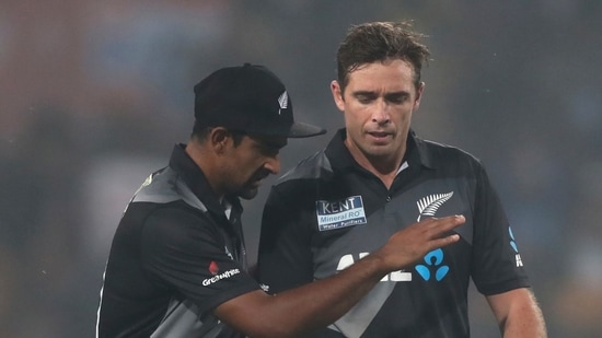 New Zealand's captain Tim Southee, right, celebrates the dismissal of India's Suryakumar Yadav during the second T20 cricket match between India and New Zealand, in Ranchi, India, Friday, Nov. 19, 2021. (AP)